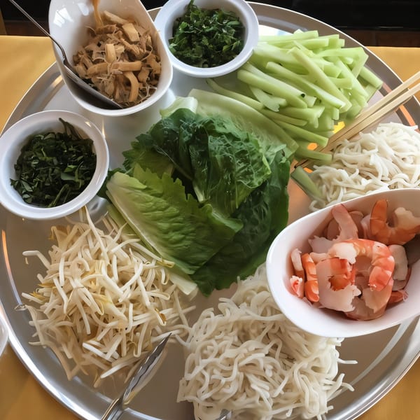 A large platter of fresh Vietnamese ingredients including shrimp, noodles, lettuce, and herbs.
